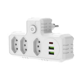 Adaptador Tomada, 3 Tomadas, 2 Interfaces USB, 1 Porta USB Tipo-C (Branco)