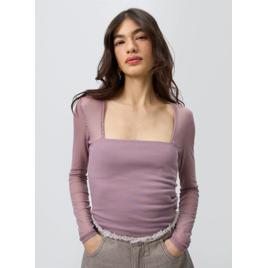 Blusa Manga Longa em Tule com Decote Quadrado Roxo