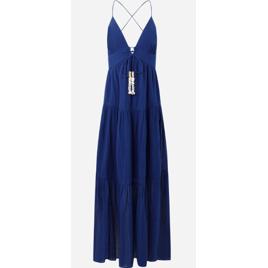 Vestido Longo Evasê com Aviamentos de Conchas e Costas Transpassadas Azul