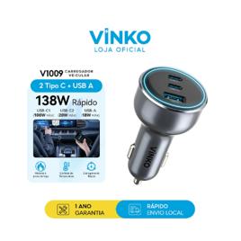 Vinko Carregador Veicular Turbo 138W 3 Portas USB-A + 2 Tipo C LED 360 Giratório